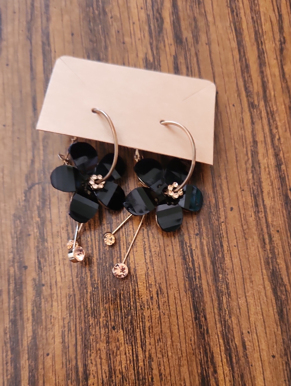 Black Crystal Flower Hoop Dangle Earrings Gold Tone Statement Floral
